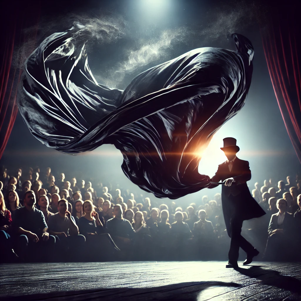 Magician pulling back a large black cloth, mid-motion, revealing something hidden, while an astonished audience looks on in wonder.